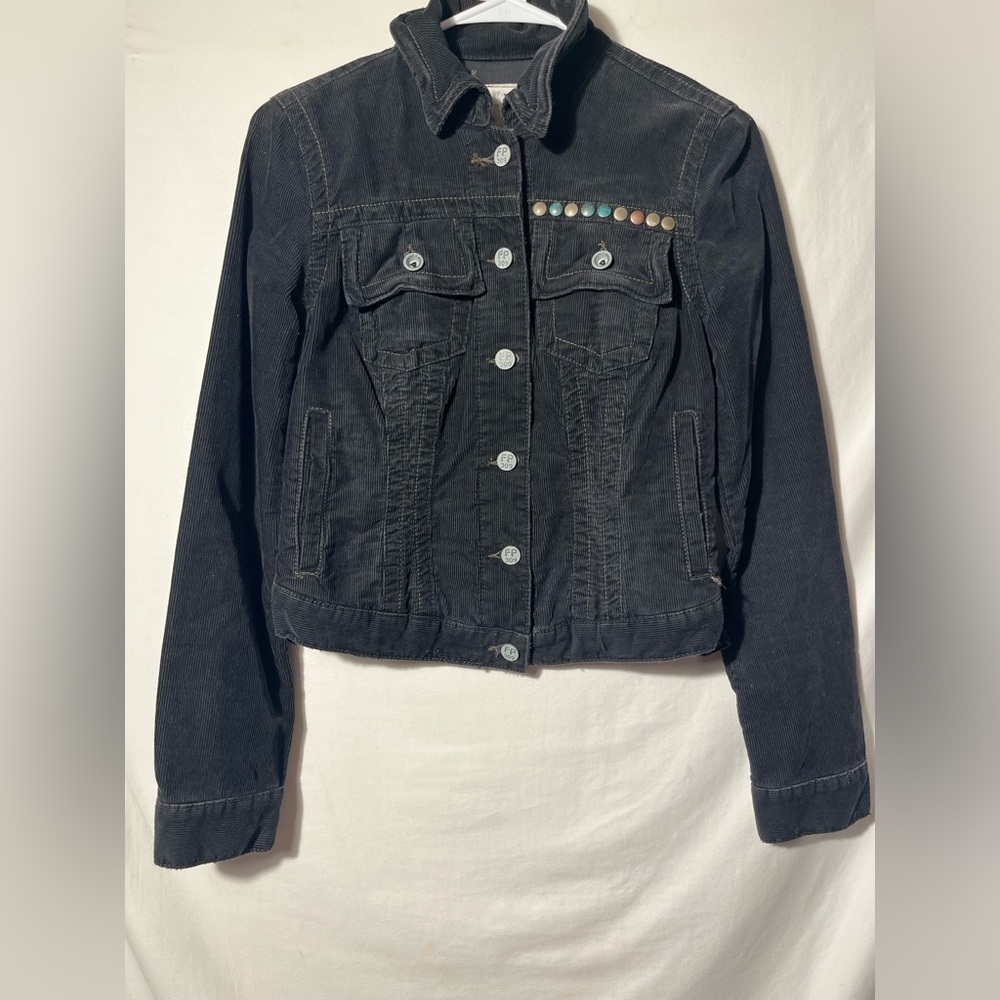 FREE PEOPLE BUTTON DOWN HEART STUDDED BLACK LONG SLEEVE FRONT POCKET JACKET S